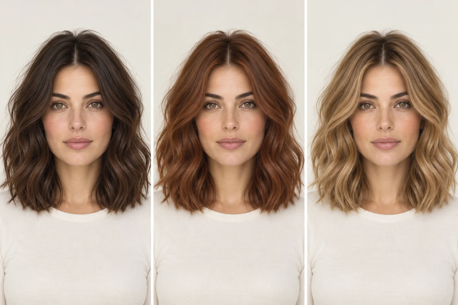AI-generated illustration of one woman with brunette, copper, and honey-blonde hair