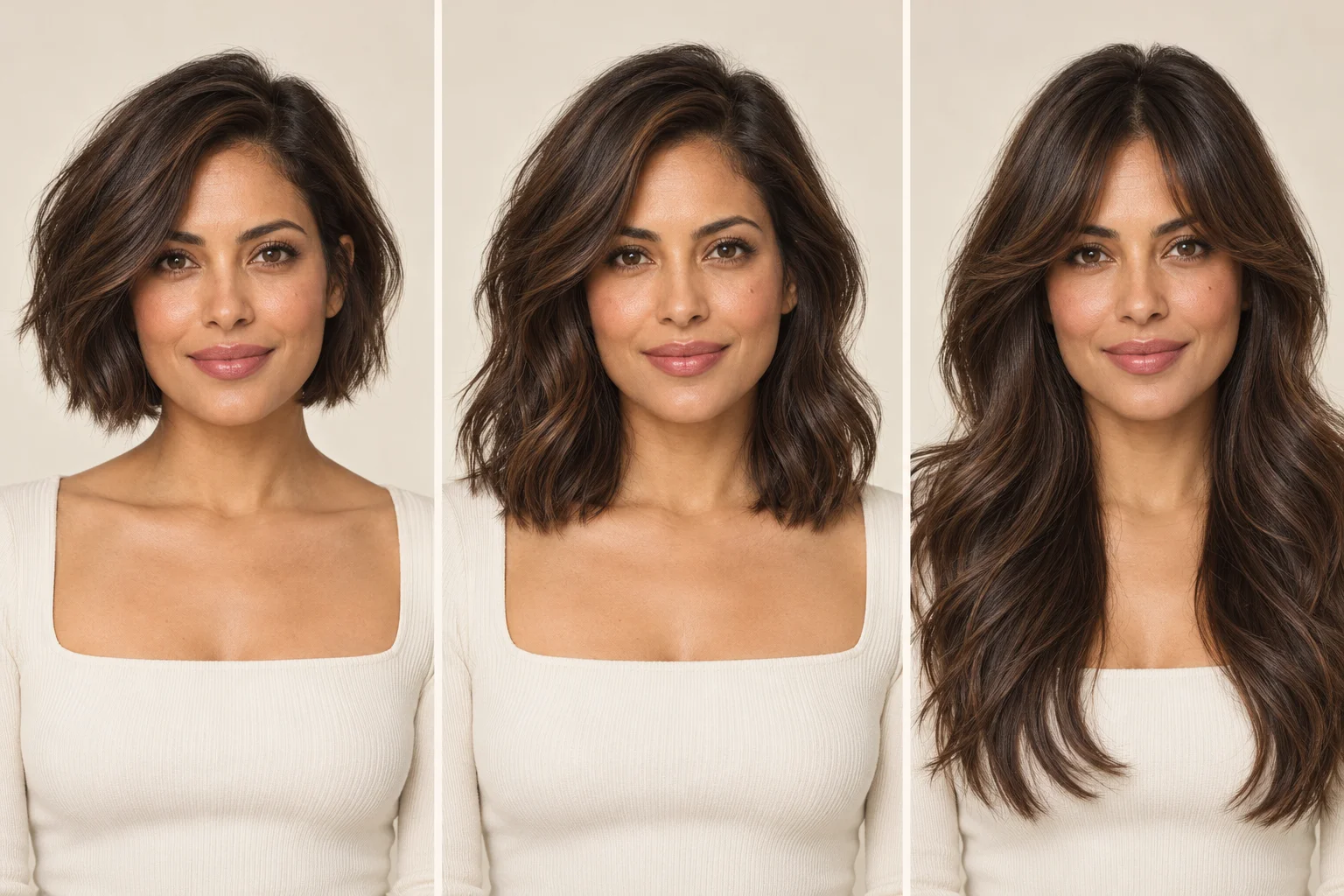 AI-generated illustration of one woman with a bob, shoulder-length waves, and long layers with bangs